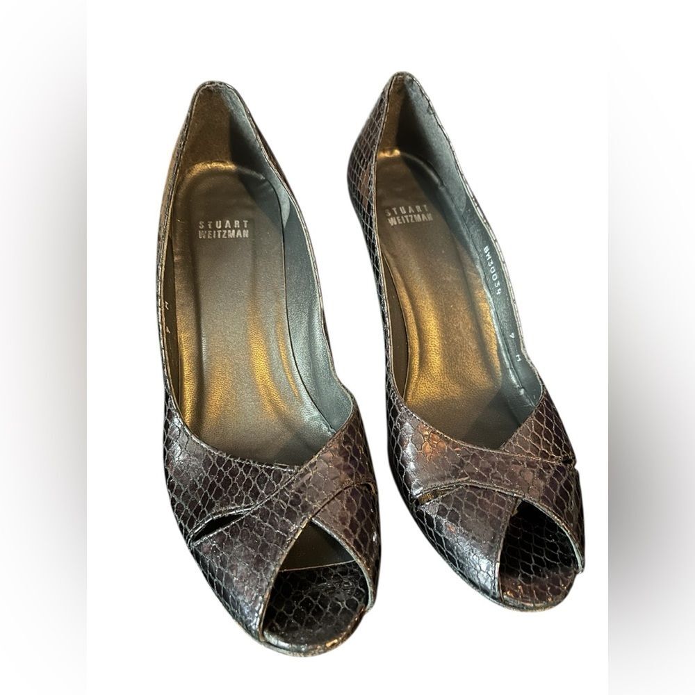 Stuart Weitzman Grey Silver Snakeskin Peep Toe Heel SZ 9